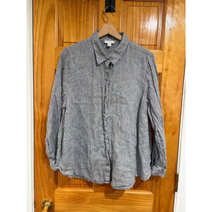 J.Jill Love Linen Gray Blue Button Down Shirt Petite L Relaxed Linen Top